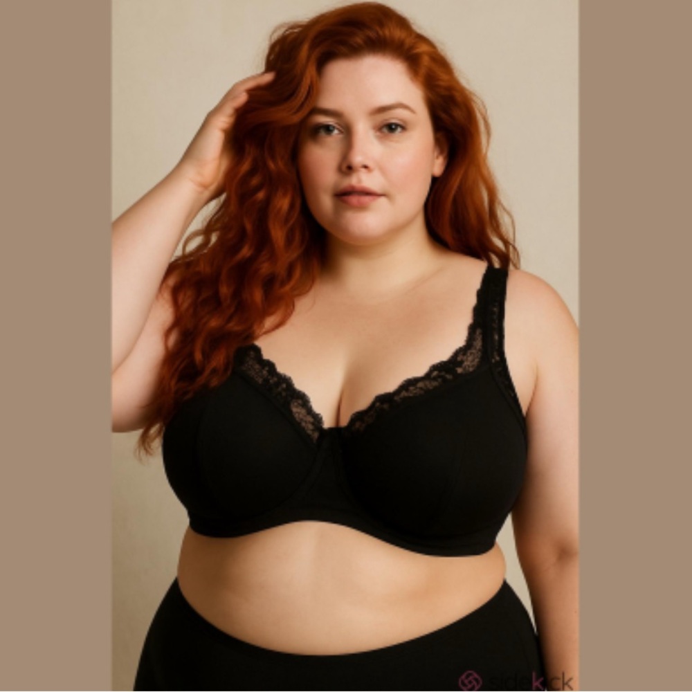 CATHERINES Bra 44DDD Solid Black Cotton Lace Trimmed Cups Never Worn NWT